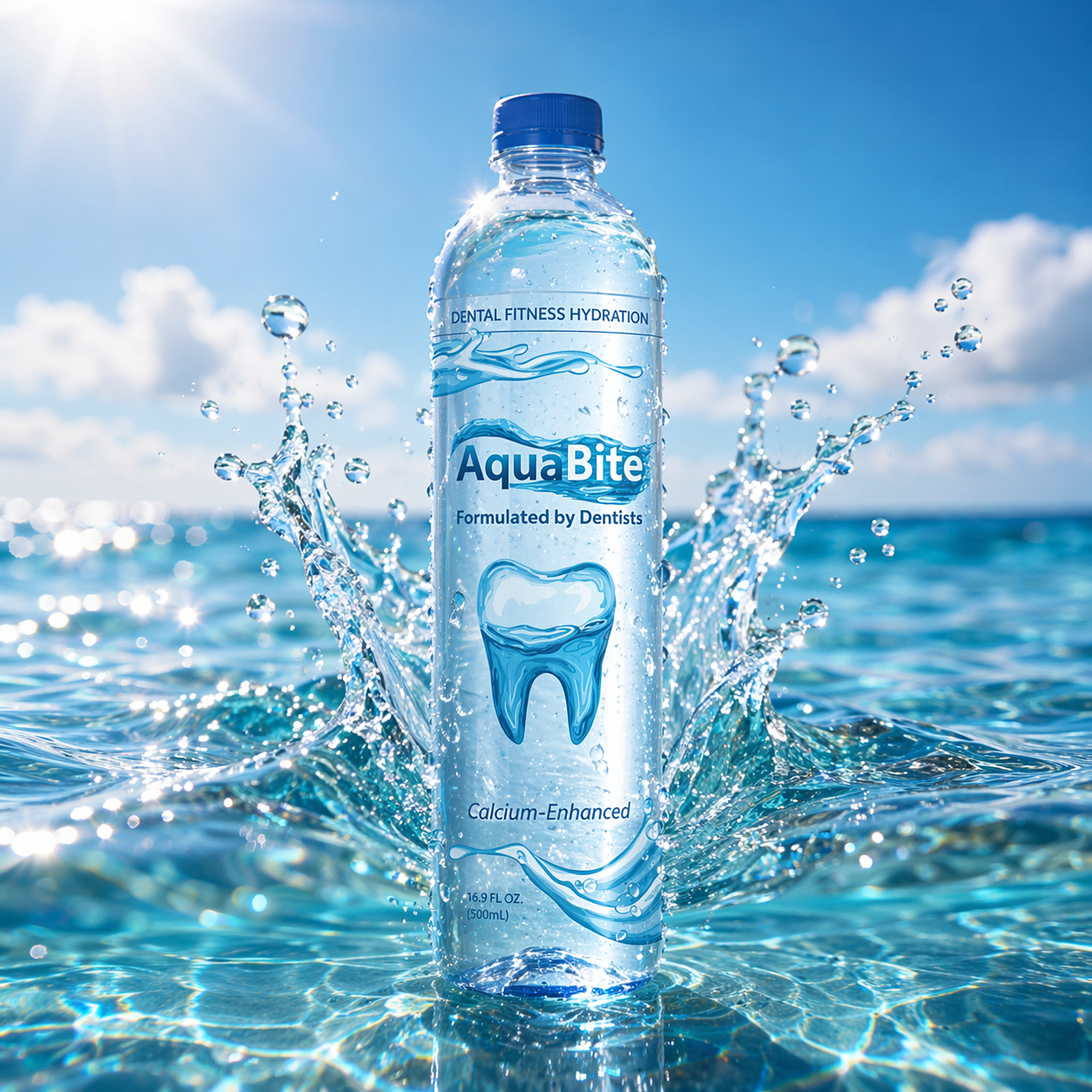 AquaBite bottle emerging from crystal-clear ocean water