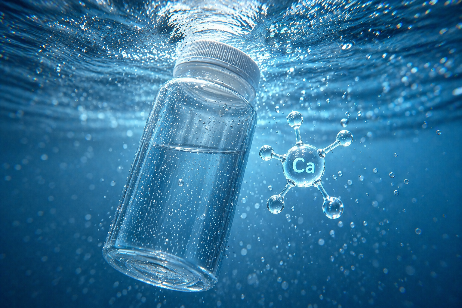 AquaBite bottle underwater with calcium molecule visualization