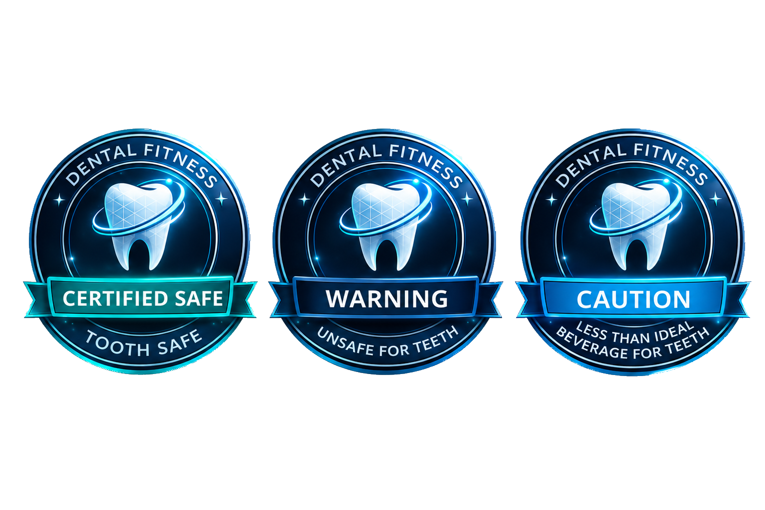 The Dental Fitness Institute® three-tier badge system: Certified Safe (Tooth Safe), Caution (Less Than Ideal Beverage for Teeth), and Warning (Unsafe for Teeth).