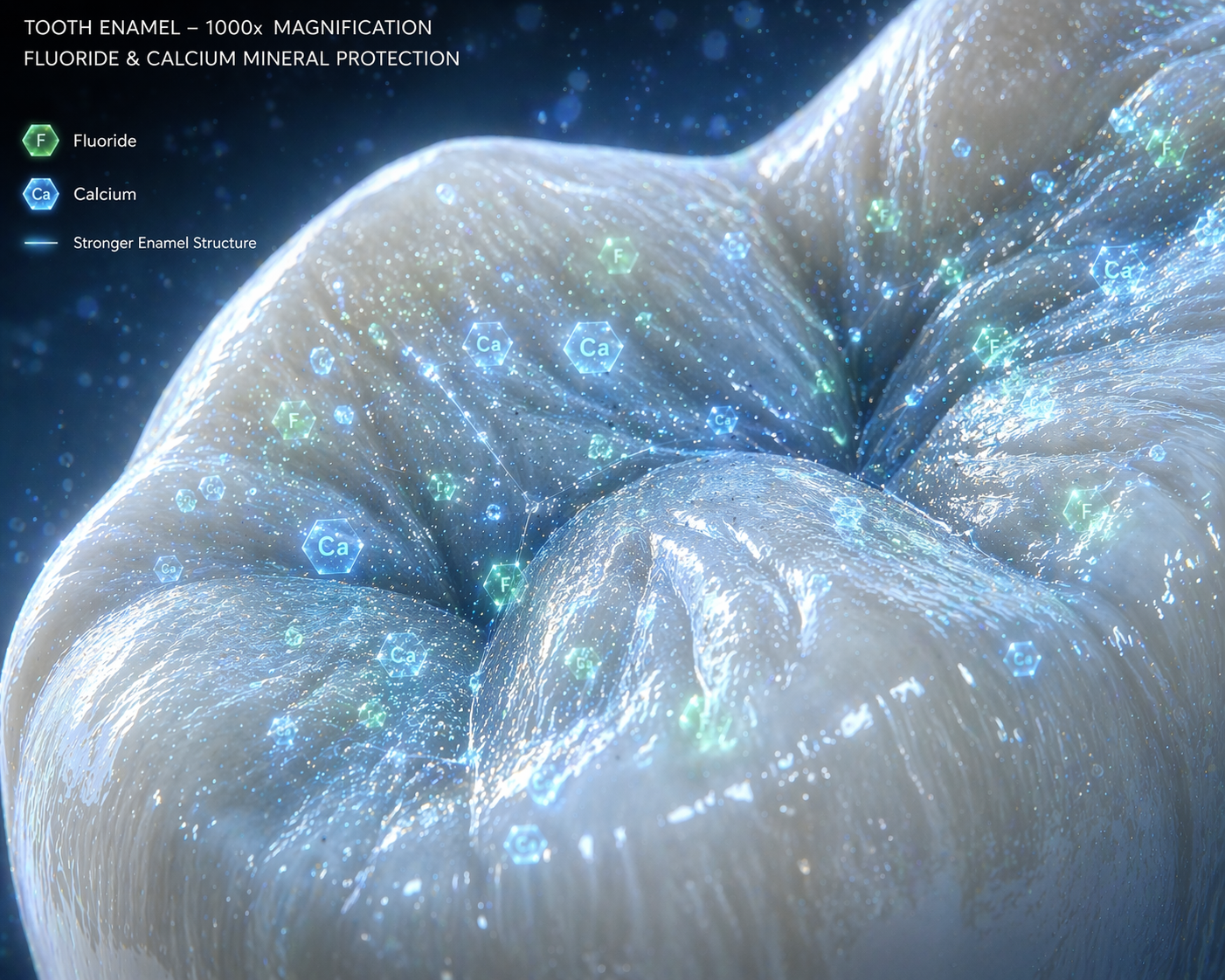 Enamel surface at 1000x magnification showing fluoride and calcium mineral protection