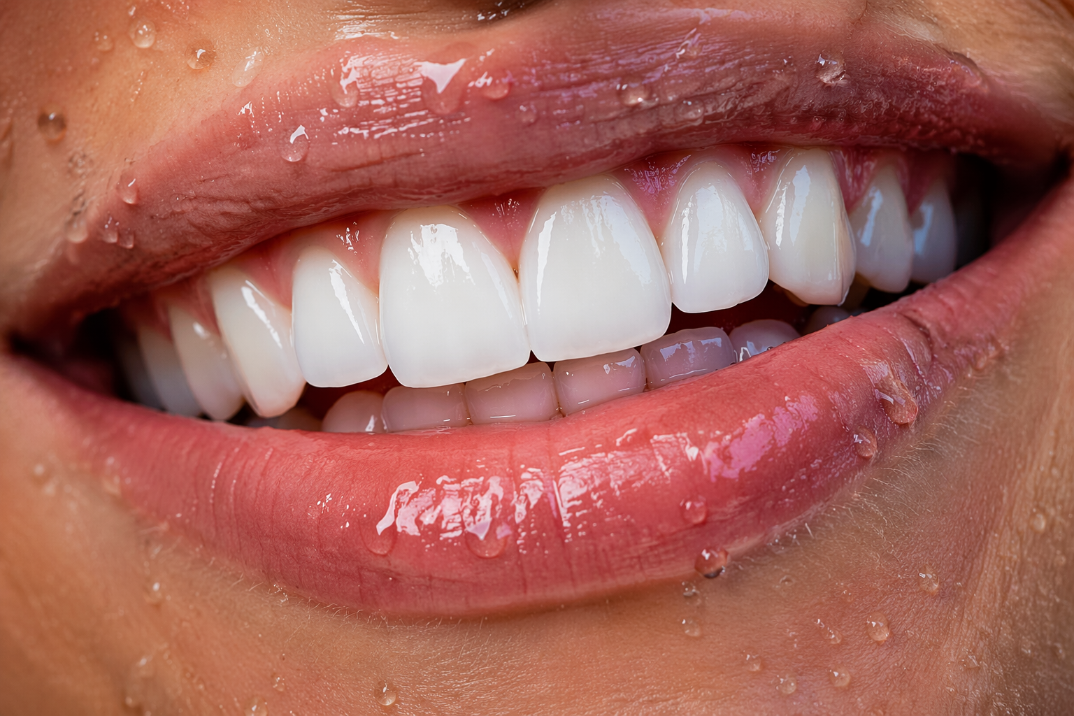 Close-up of a brilliant white smile with water droplets