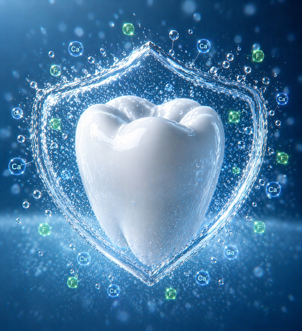 Water splash forming a protective shield around a tooth with calcium and fluoride ions